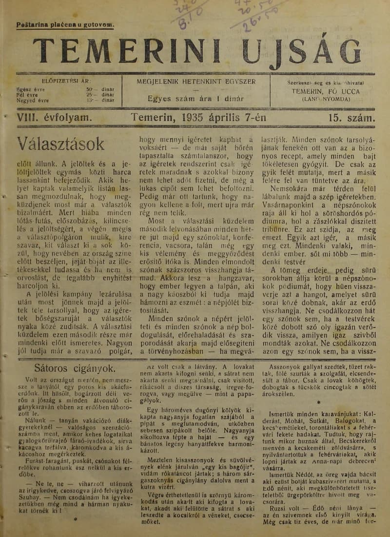 Temerini Újság 1928-1944, 8. évf. 1935. április 7. 15. sz.