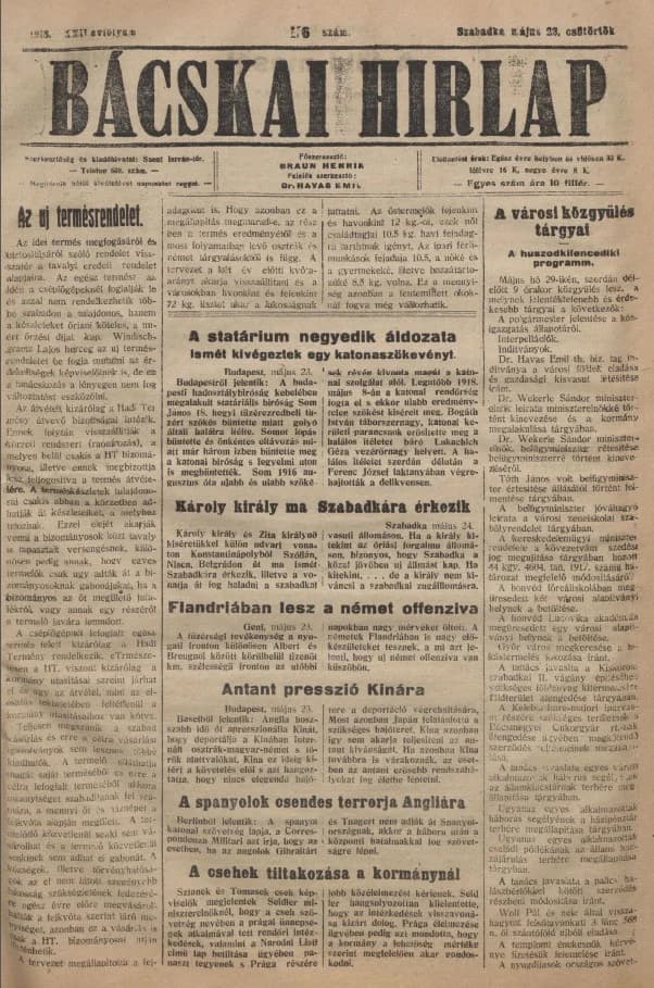 Bácskai Hirlap, 22. évf. 1918. május 23. 116. sz.
