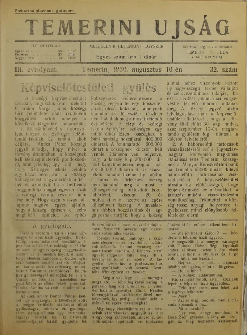 Temerini Újság 1928-1944, 3. évf. 1930. augusztus 10. 32. sz.