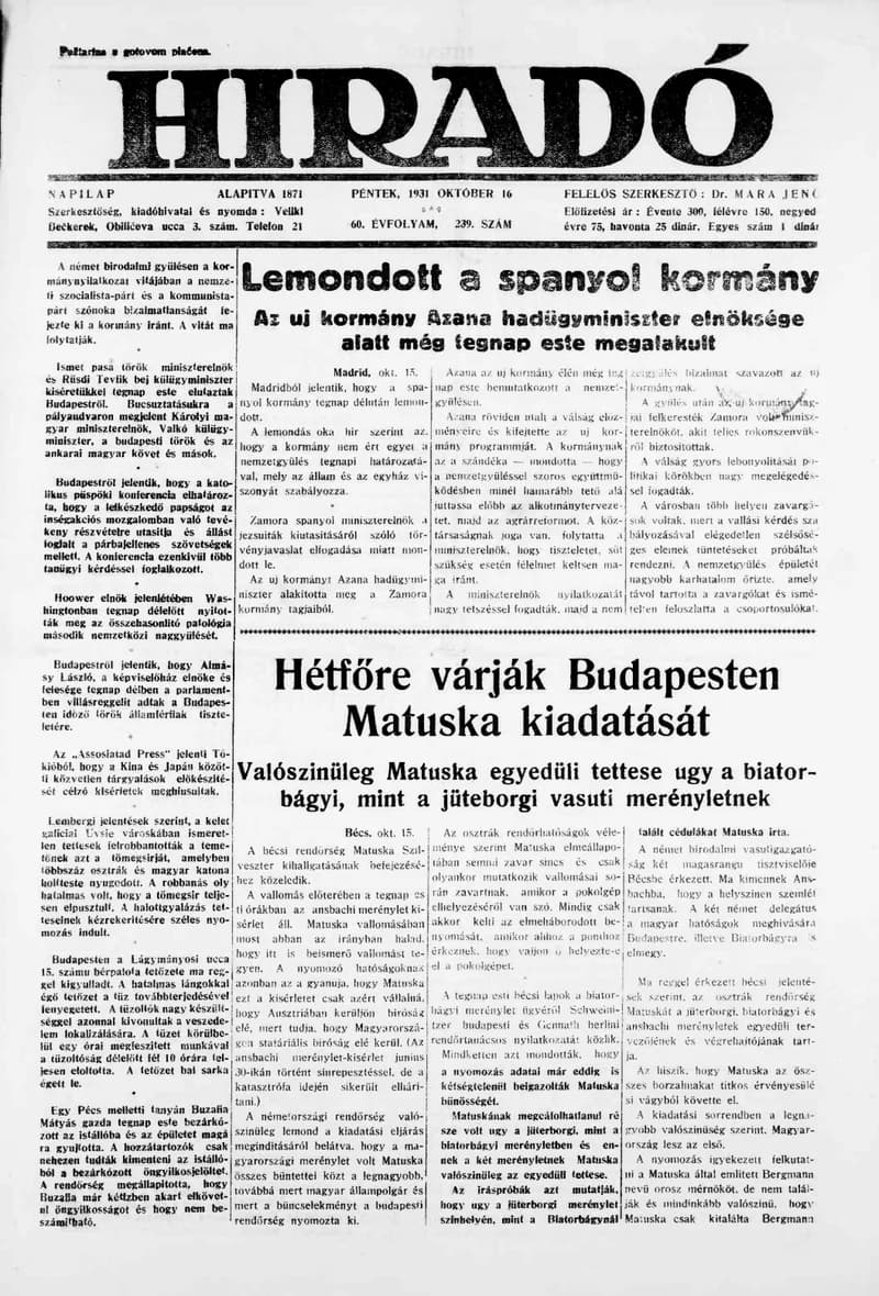 Híradó, 60. évf. 1931. október 16. 239. sz.