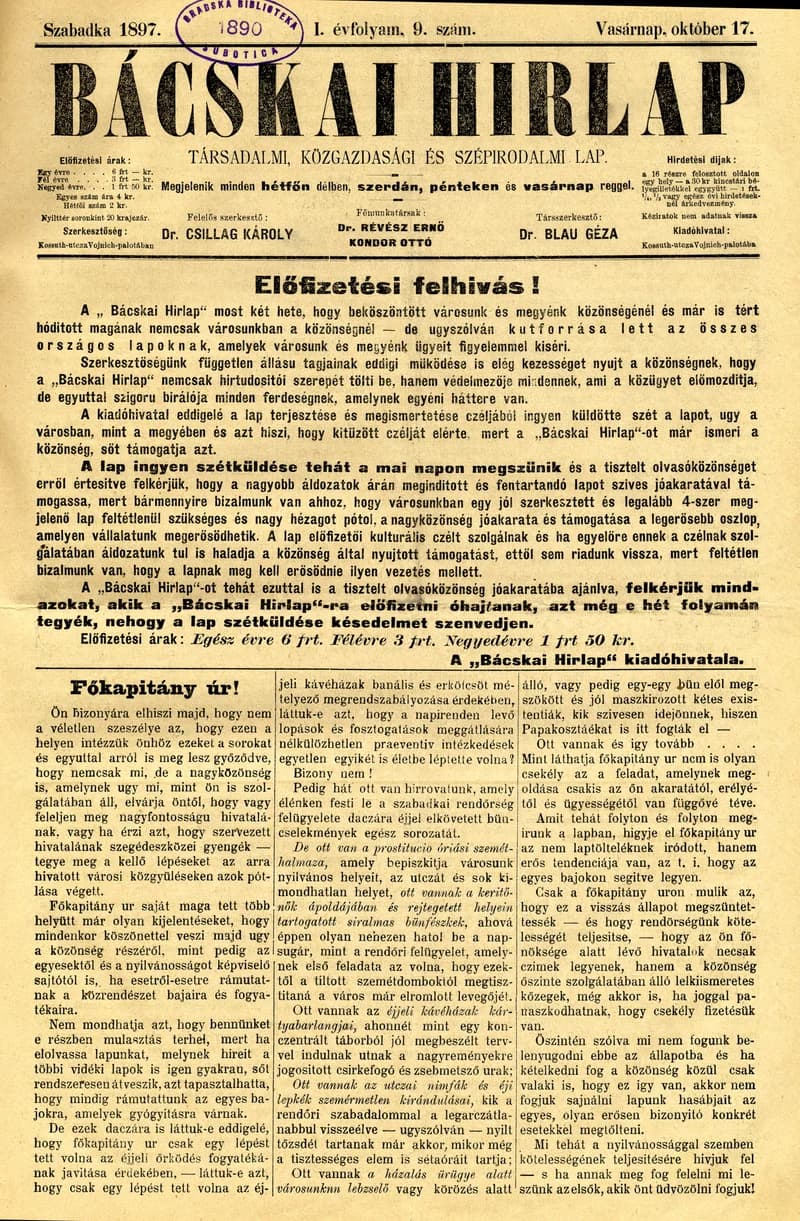 Bácskai Hirlap, 1. évf. 1897. október 17. 9. sz. 1–4. oldal