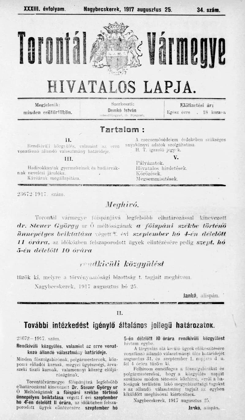 Torontál Vármegye Hivatalos Lapja, 33. évf. 1917. augusztus 25. 34. sz.
