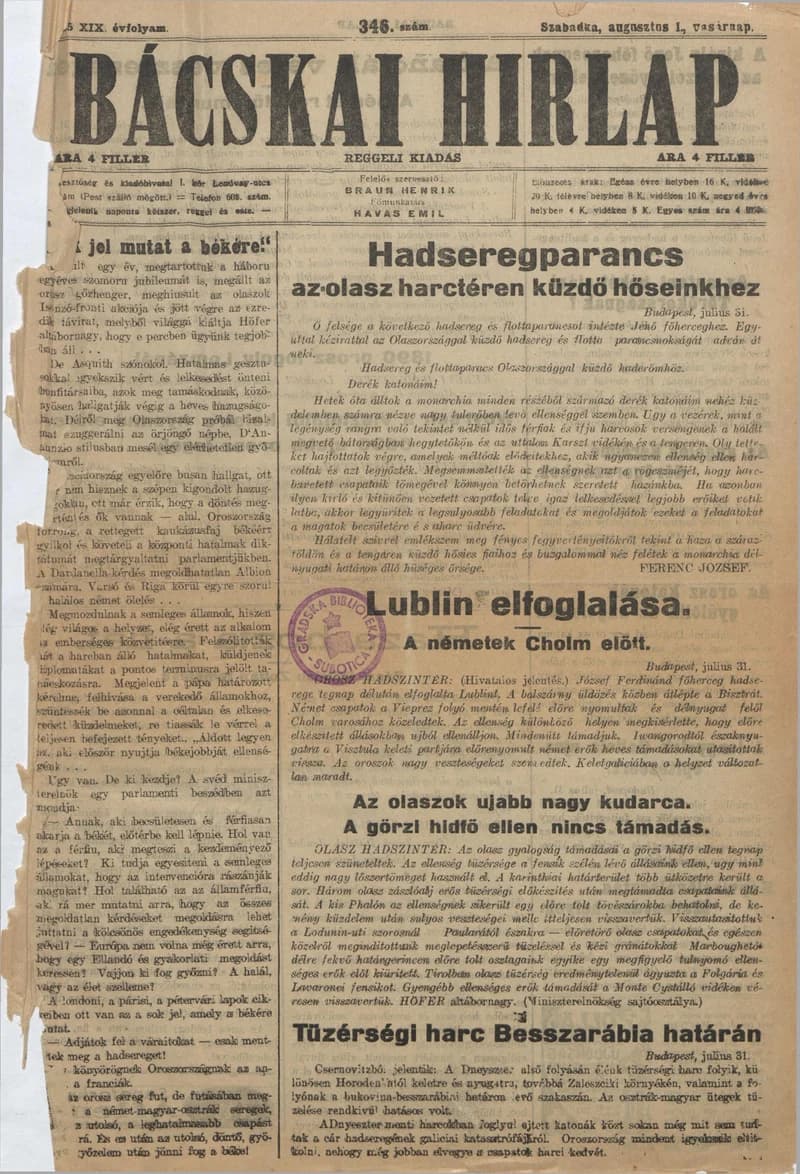 Bácskai Hirlap, 19. évf. 1915. augusztus 1. 346. sz.