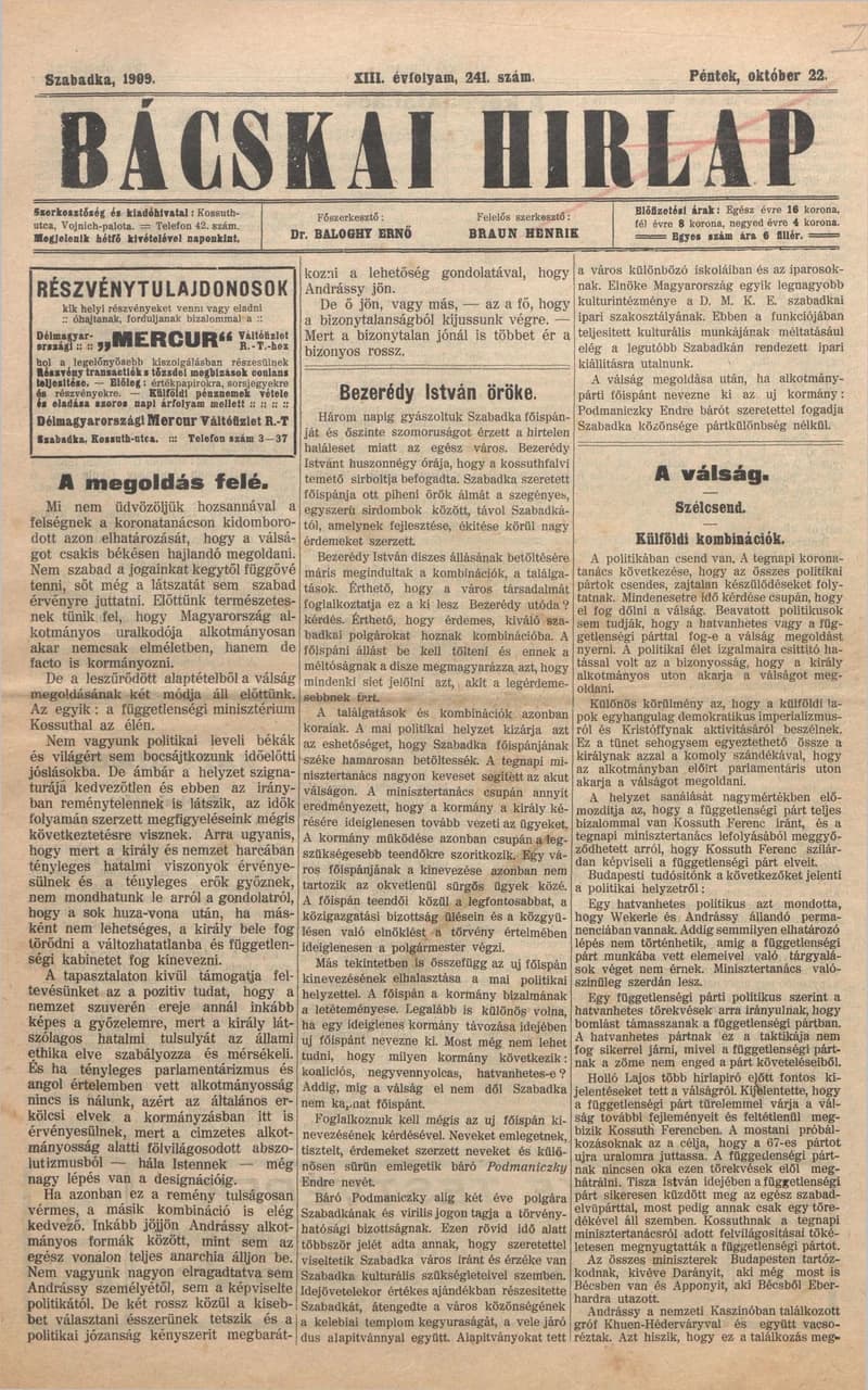 Bácskai Hirlap, 13. évf. 1909. október 22. 241. sz.