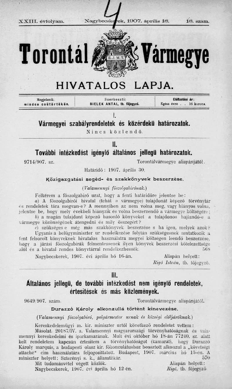 Torontál Vármegye Hivatalos Lapja, 23. évf. 1907. április 18. 18. sz.