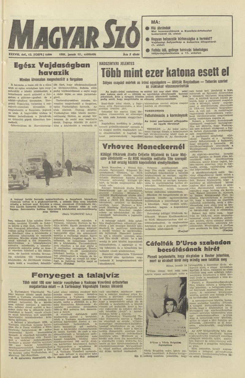 Magyar Szó, 38. évf. 1981. január 15. 13. sz. 1–20. oldal