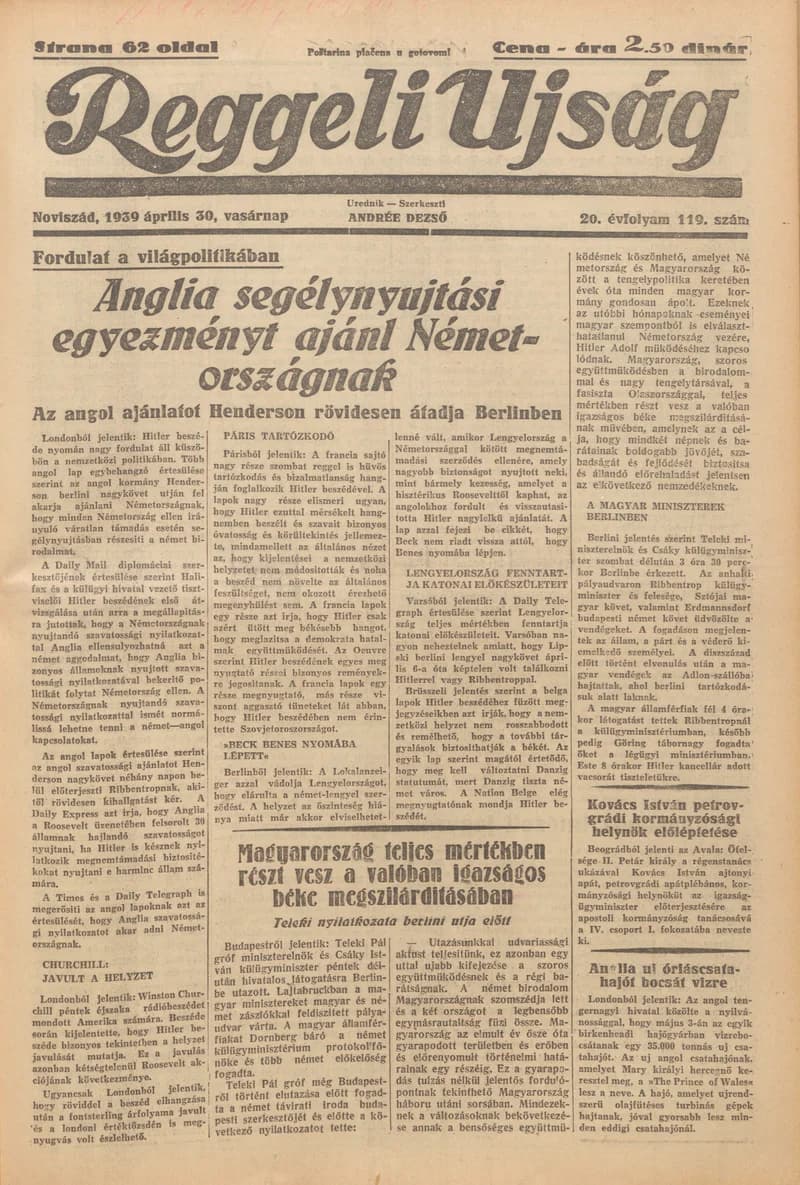 Reggeli Újság, 20. évf. 1939. április 30. 119. sz.