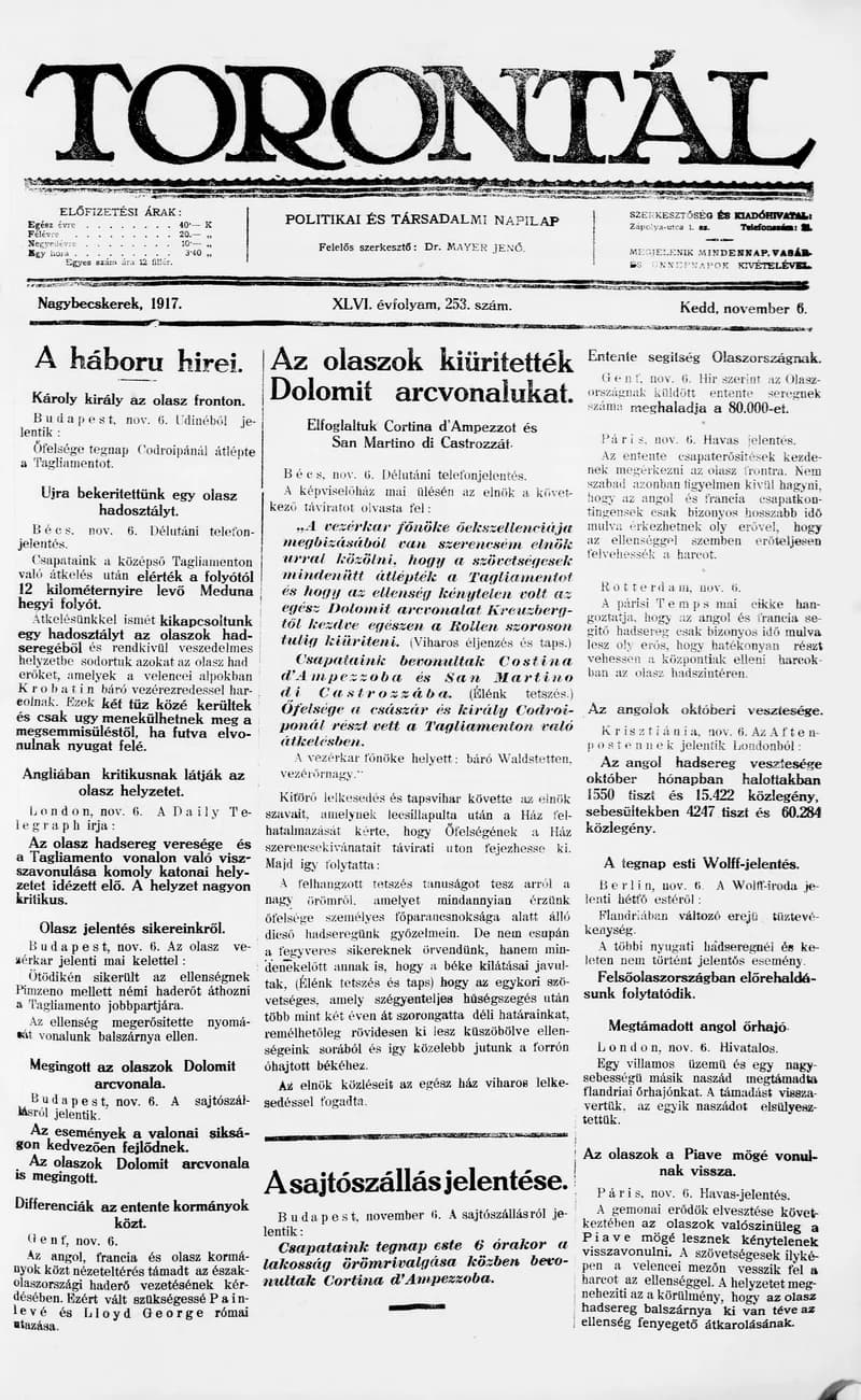 Torontál, 46. évf. 1917. november 6. 253. sz.