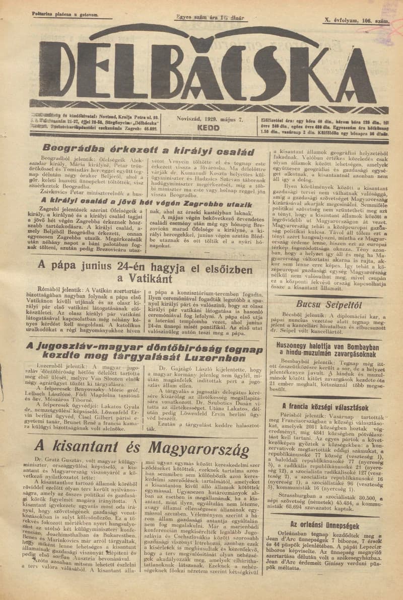 Délbácska, 10. évf. 1929. május 7. 106. sz.