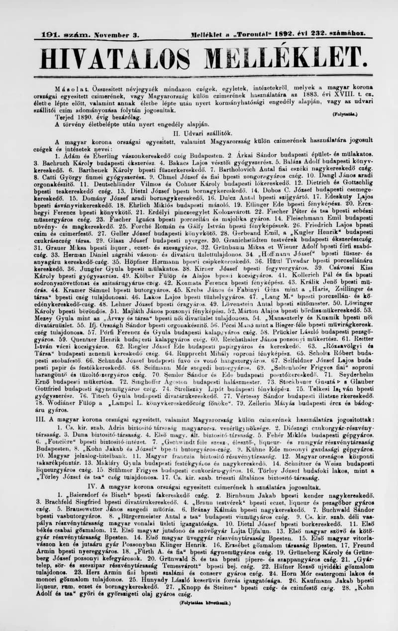 A Totontál  hivatalos melléklete, 5. évf. 1892. november 3. 191. sz.