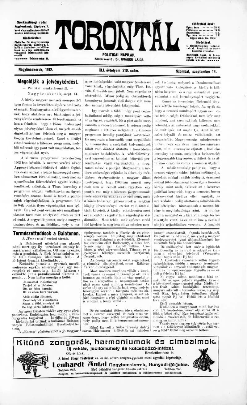 Torontál, 41. évf. 1912. szeptember 14. 210. sz.