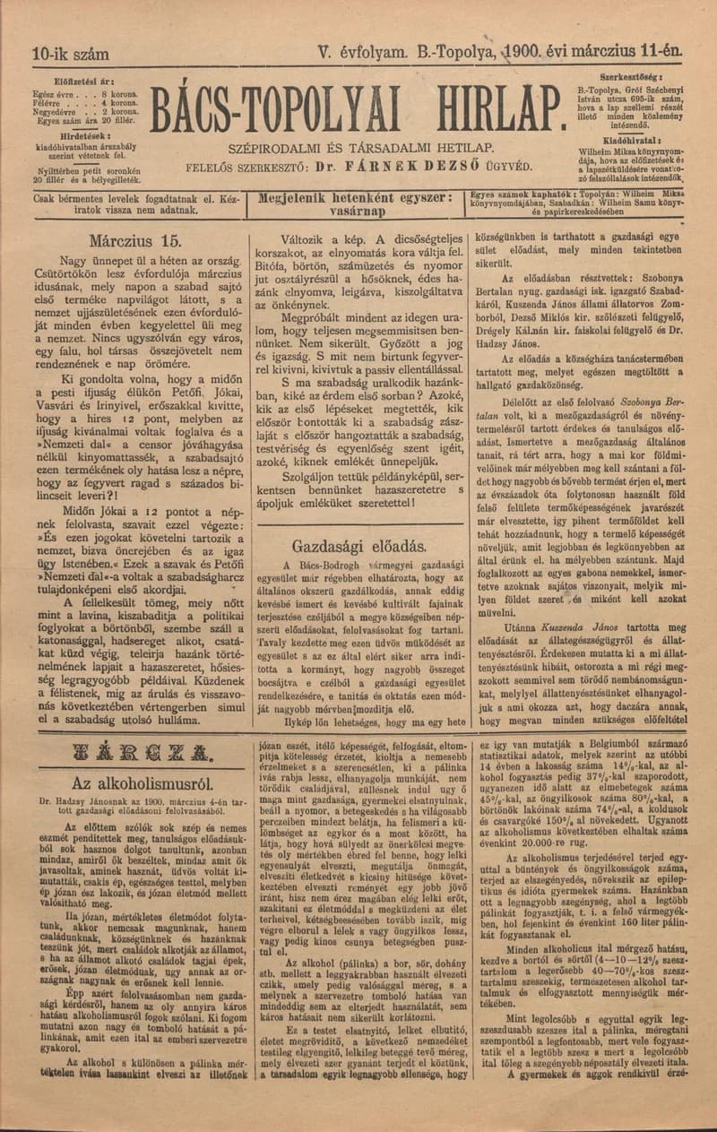 Bács-Topolyai Hirlap, 5. évf. 1900. március 11. 10. sz.