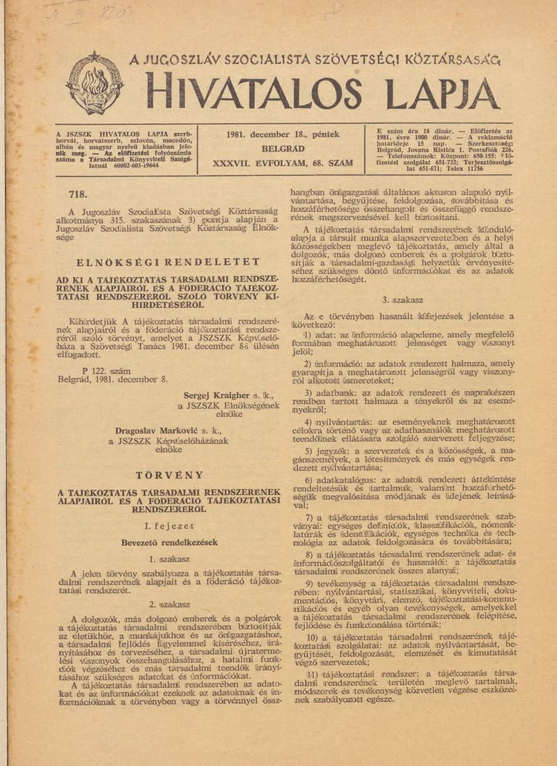 A Jugoszláv Szocialista Szövetségi Köztársaság Hivatalos Lapja, 37. évf. 1981. december 18. 68. sz. 1701–1748. oldal