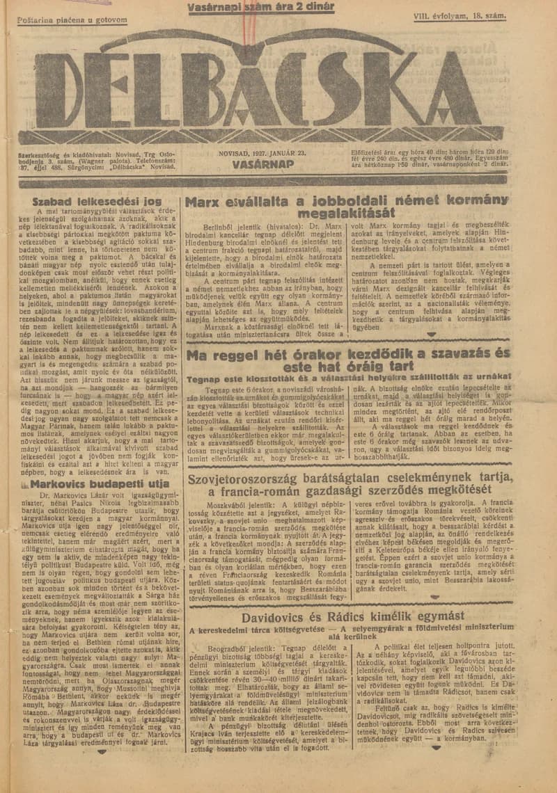 Délbácska, 8. évf. 1927. január 23. 18. sz.