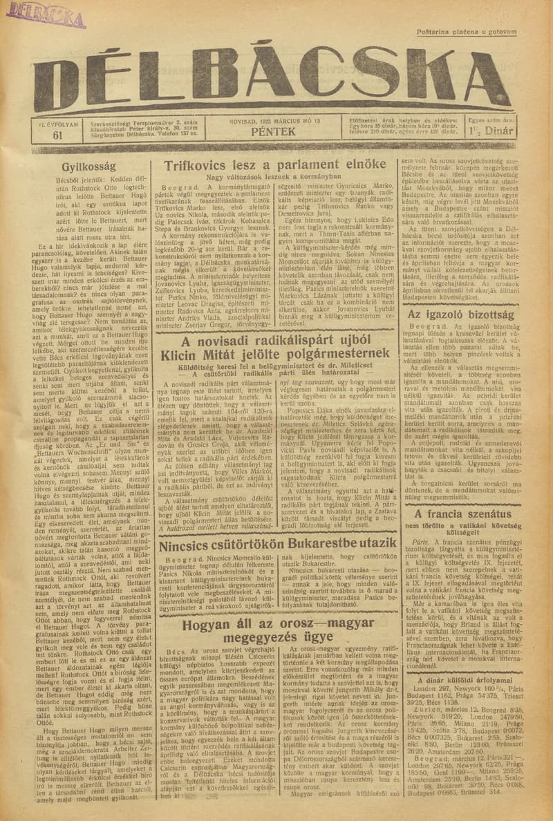Délbácska, 6. évf. 1925. március 13. 61. sz.