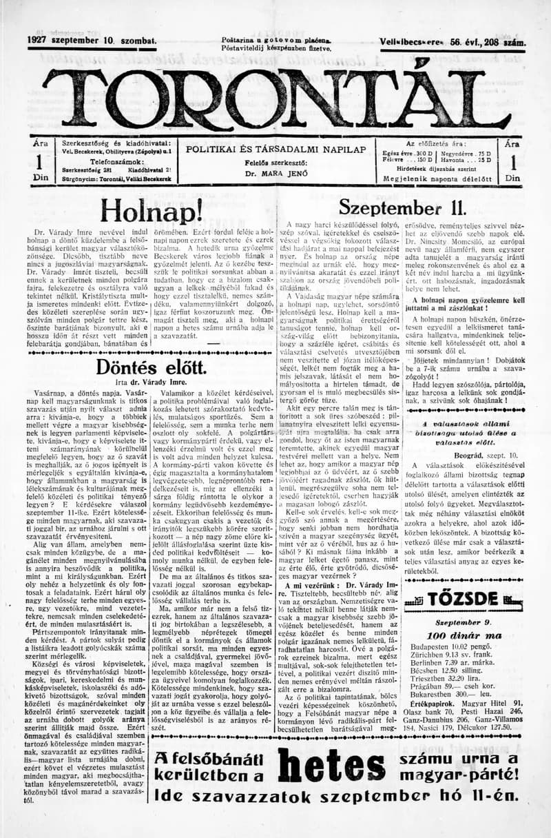 Torontál, 56. évf. 1927. szeptember 10. 208. sz.