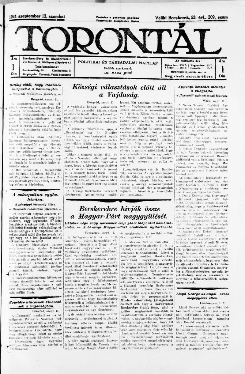 Torontál, 53. évf. 1924. szeptember 13. 209. sz.