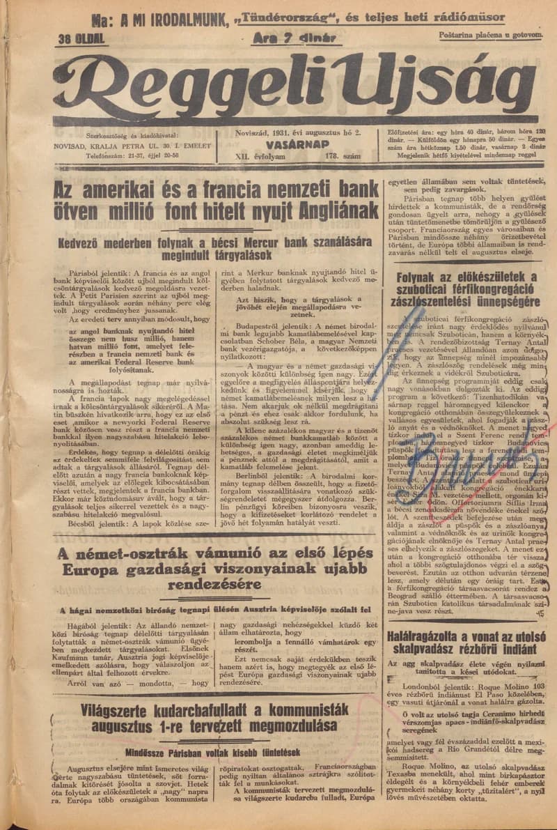 Reggeli Újság, 12. évf. 1931. augusztus 2. 178. sz.