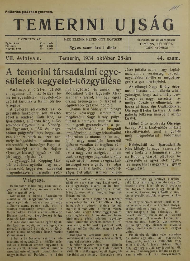Temerini Újság 1928-1944, 7. évf. 1934. október 28. 44. sz.