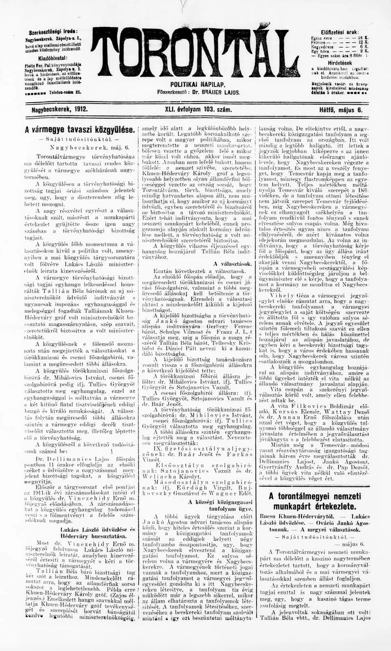 Torontál, 41. évf. 1912. május 6. 103. sz.