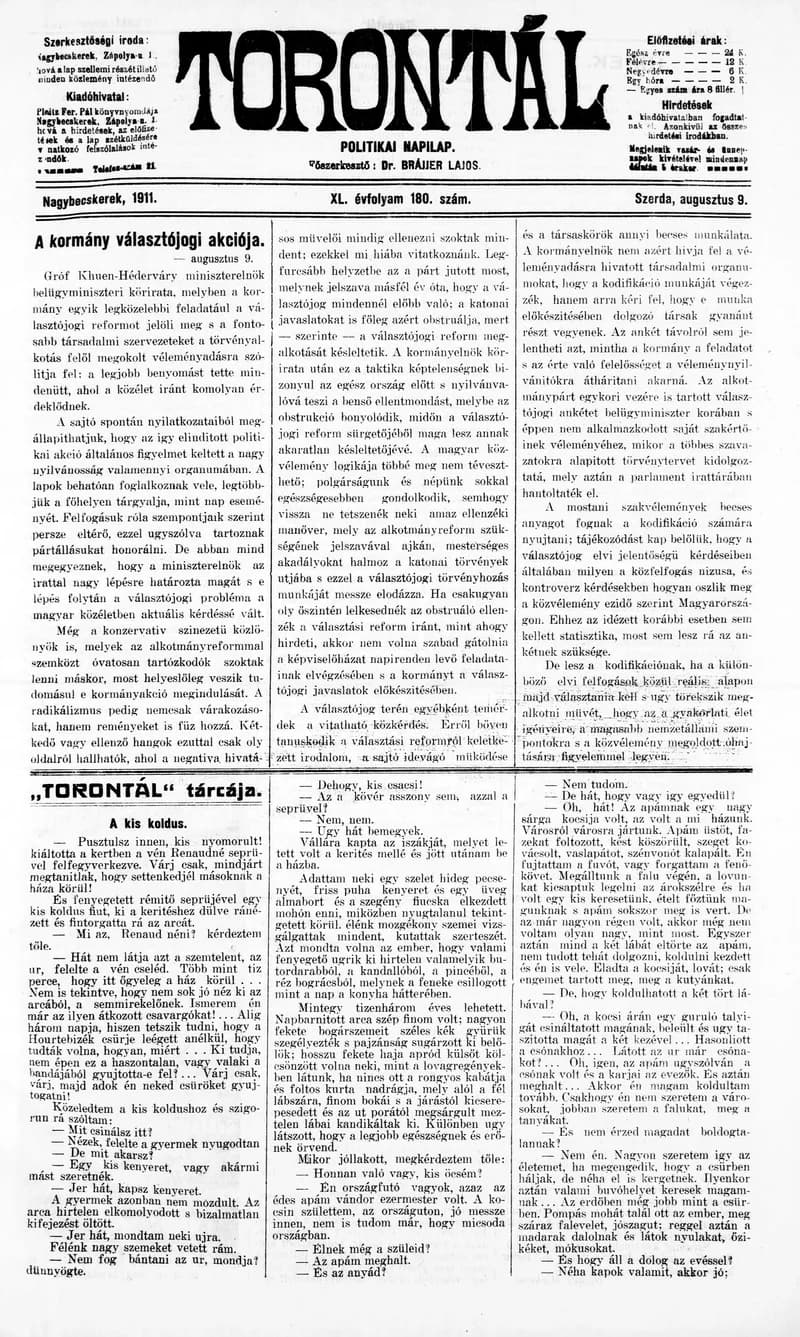 Torontál, 40. évf. 1911. augusztus 9. 180. sz.