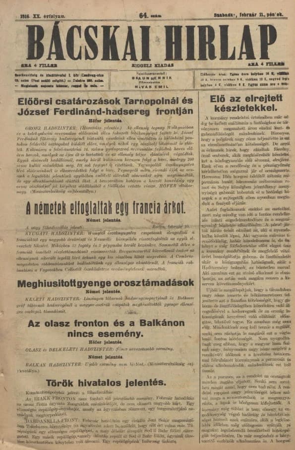 Bácskai Hirlap, 20. évf. 1916. február 11. 65. sz.