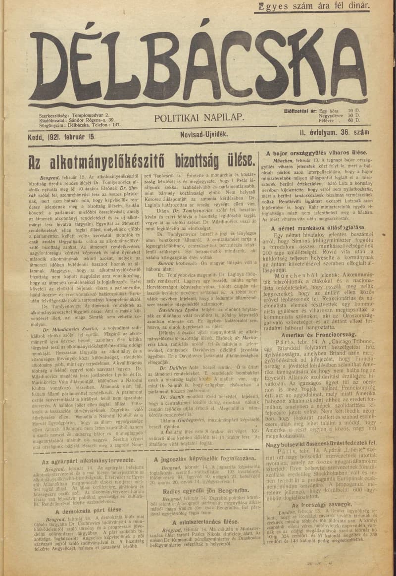 Délbácska, 2. évf. 1921. február 15. 36. sz.