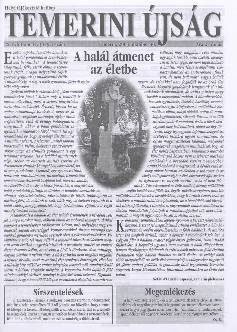 Temerini Újság, 9. évf. 2003. október 30. 44. sz.