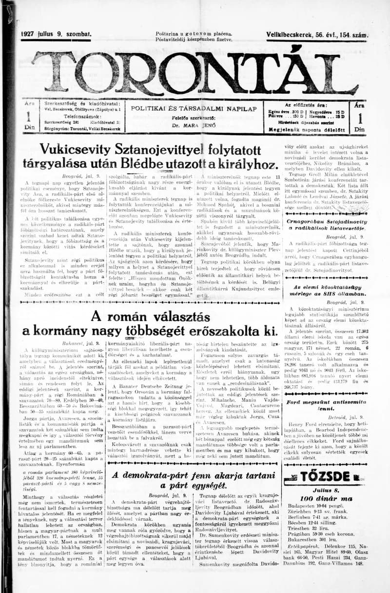 Torontál, 56. évf. 1927. július 9. 154. sz.