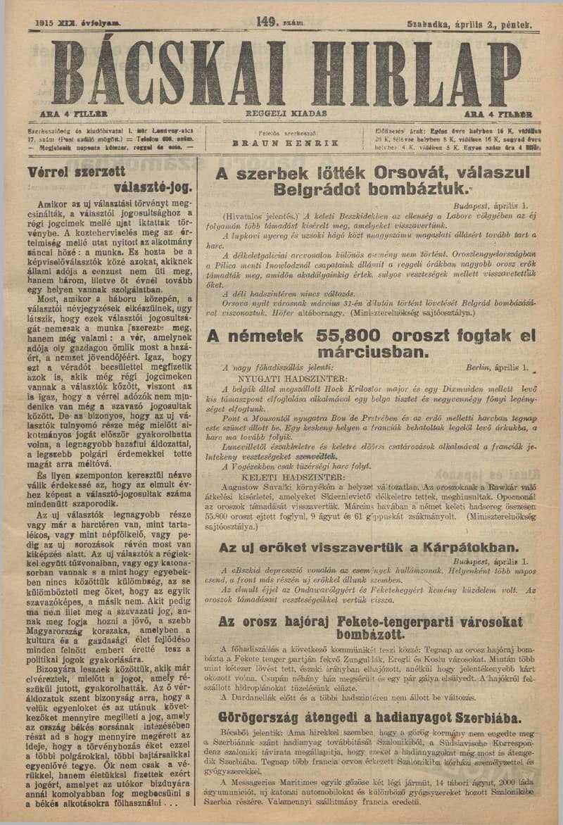 Bácskai Hirlap, 19. évf. 1915. április 2. 149. sz.