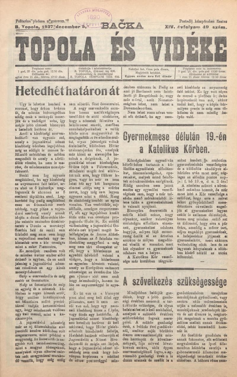 Bačka Topola és Vidéke, 14. évf. 1937. december 5. 49. sz.