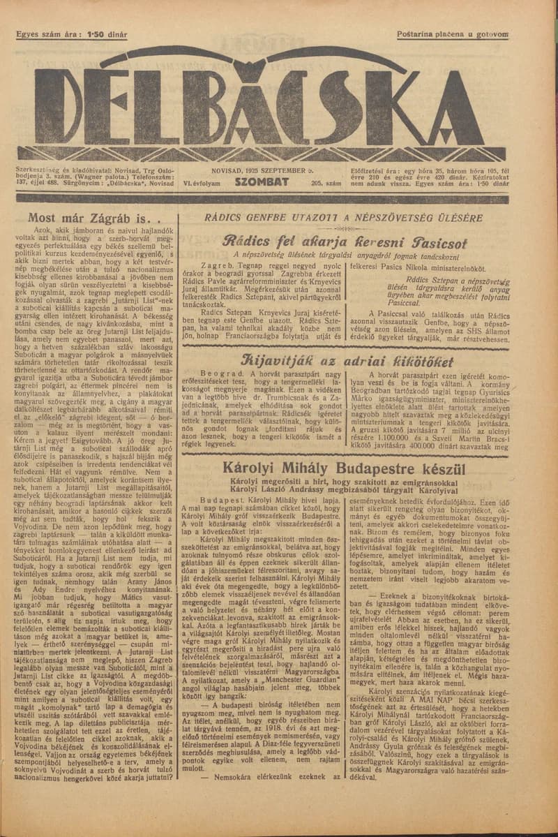 Délbácska, 6. évf. 1925. szeptember 5. 205. sz.