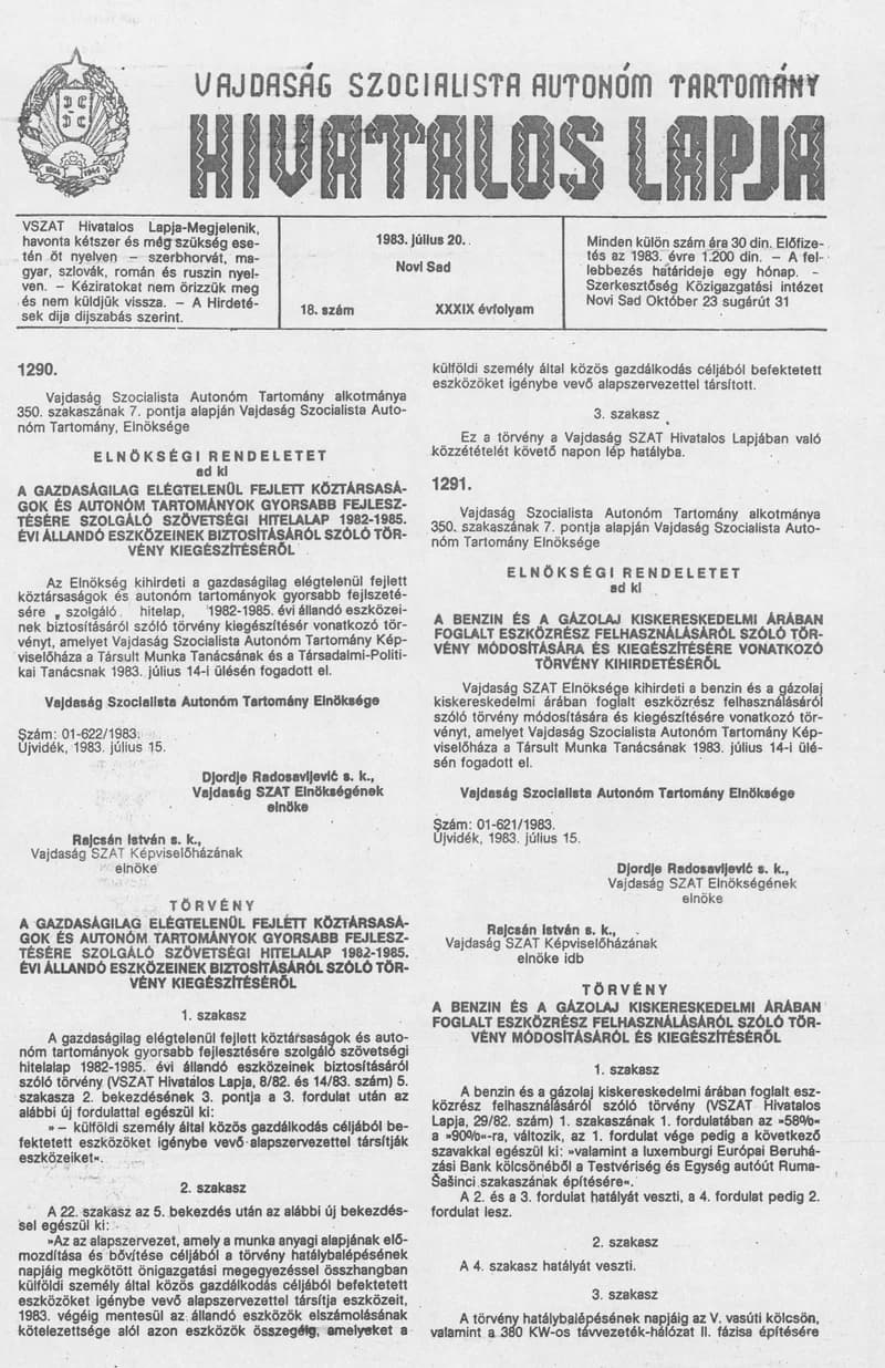 Vajdaság Szocialista Autonóm Tartomány Hivatalos Lapja, 39. évf. 1983. július 20. 18. sz.
