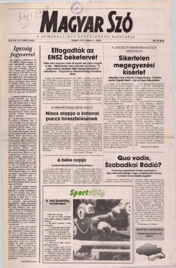 Magyar Szó, 49. évf. 1992. február 3. 32. sz. 1–20. oldal