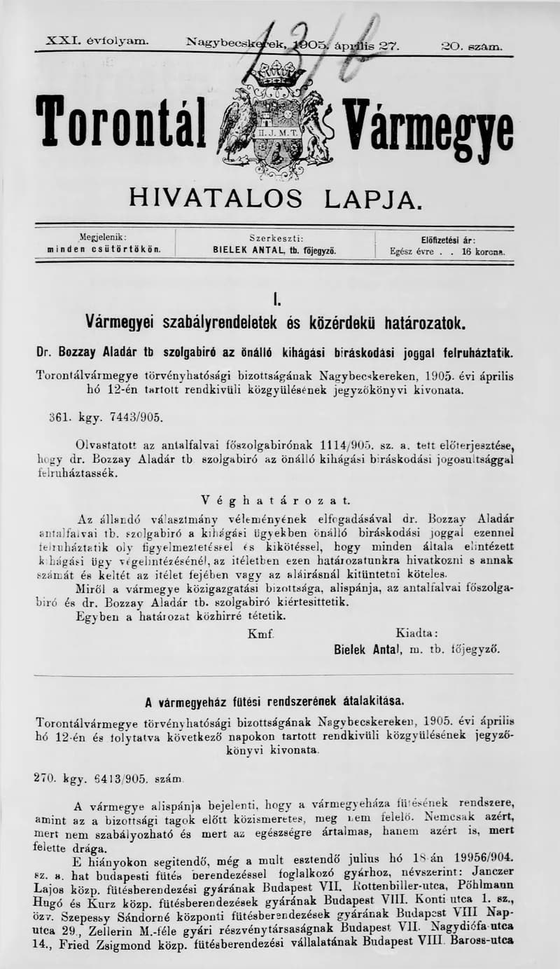 Torontál Vármegye Hivatalos Lapja, 21. évf. 1905. április 27. 20. sz.