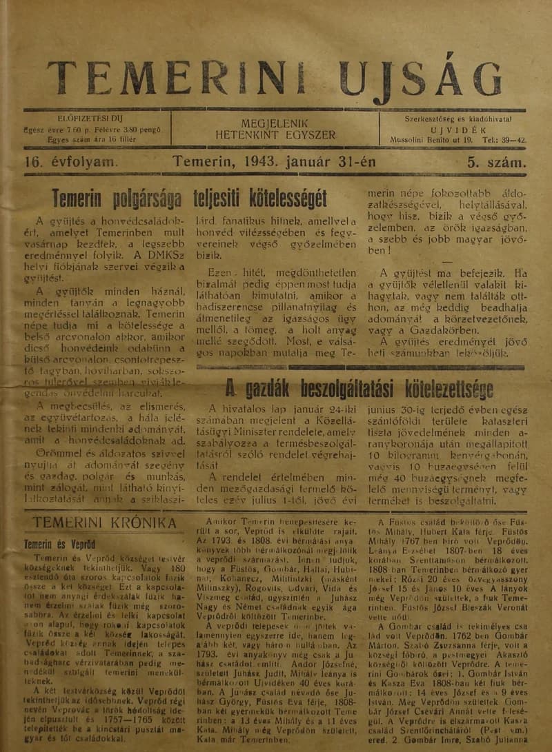 Temerini Újság 1928-1944, 16. évf. 1943. január 31. 5. sz.