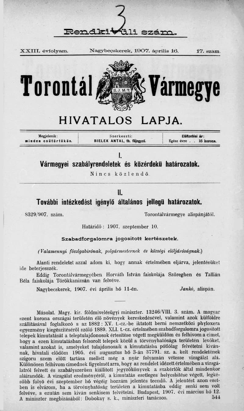 Torontál Vármegye Hivatalos Lapja, 23. évf. 1907. április 16. 17. sz.