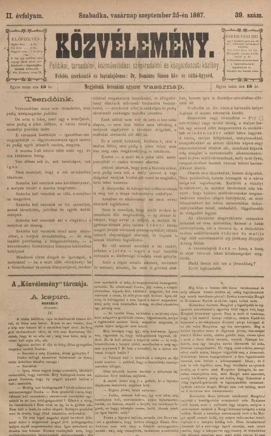 Közvélemény, 2. évf. 1887. szeptember 25. 39. sz.