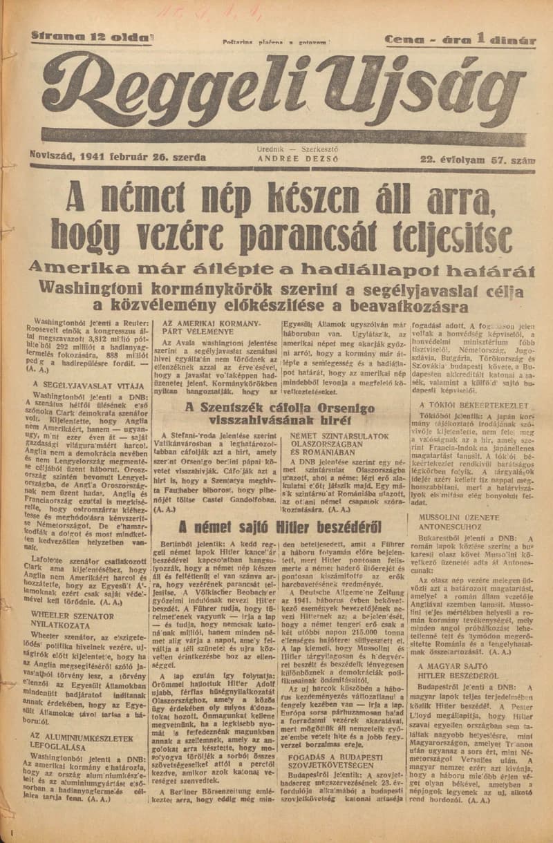 Reggeli Újság, 22. évf. 1941. február 26. 57. sz.