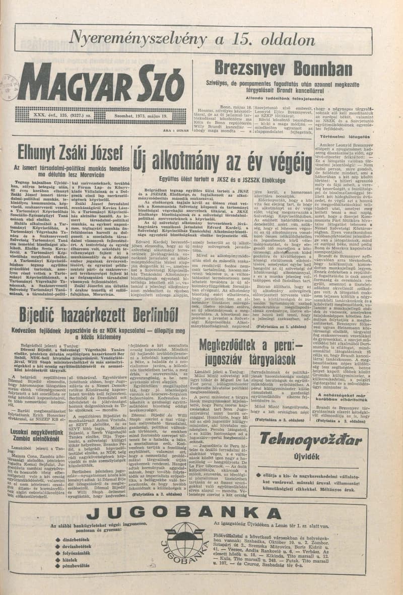 Magyar Szó, 30. évf. 1973. május 19. 135. sz. 1–18. oldal
