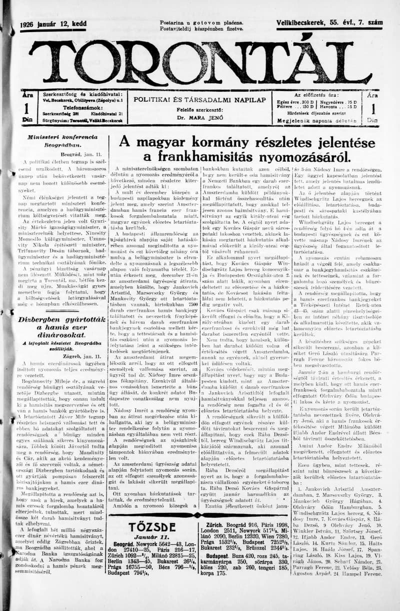 Torontál, 55. évf. 1926. január 12. 7. sz.