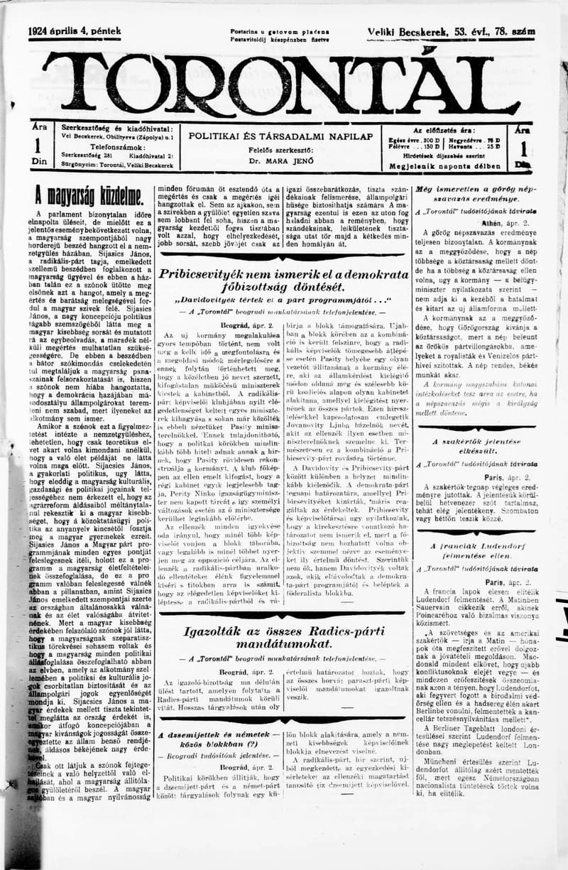 Torontál, 53. évf. 1924. április 4. 78. sz.