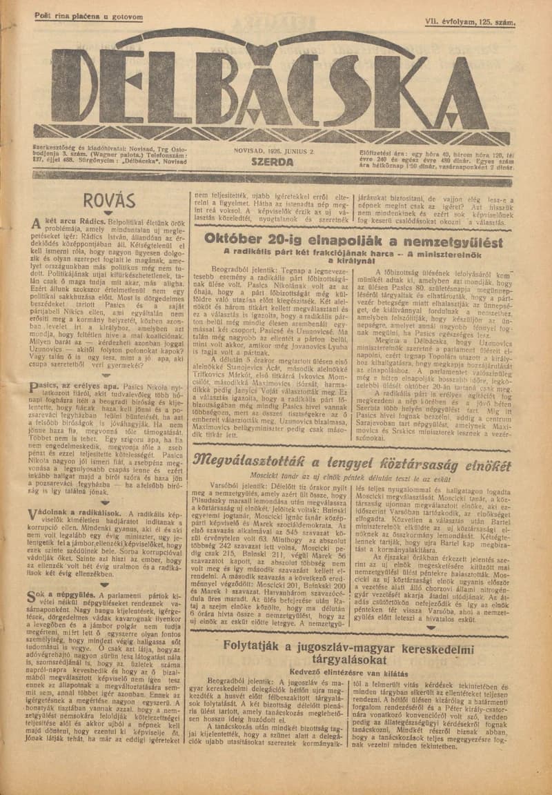 Délbácska, 7. évf. 1926. június 2. 125. sz.