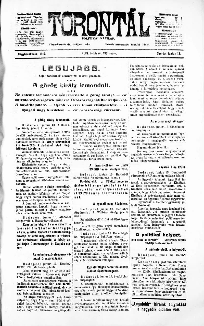 Torontál, 46. évf. 1917. június 13. 133. sz.