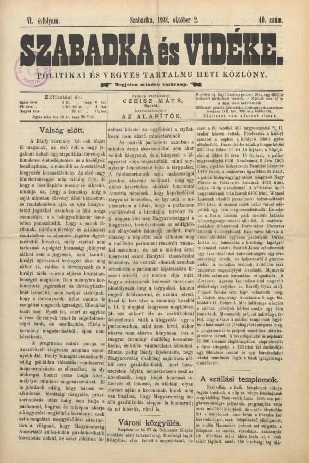 Szabadka és vidéke II, 6. évf. 1898. október 2. 40. sz.
