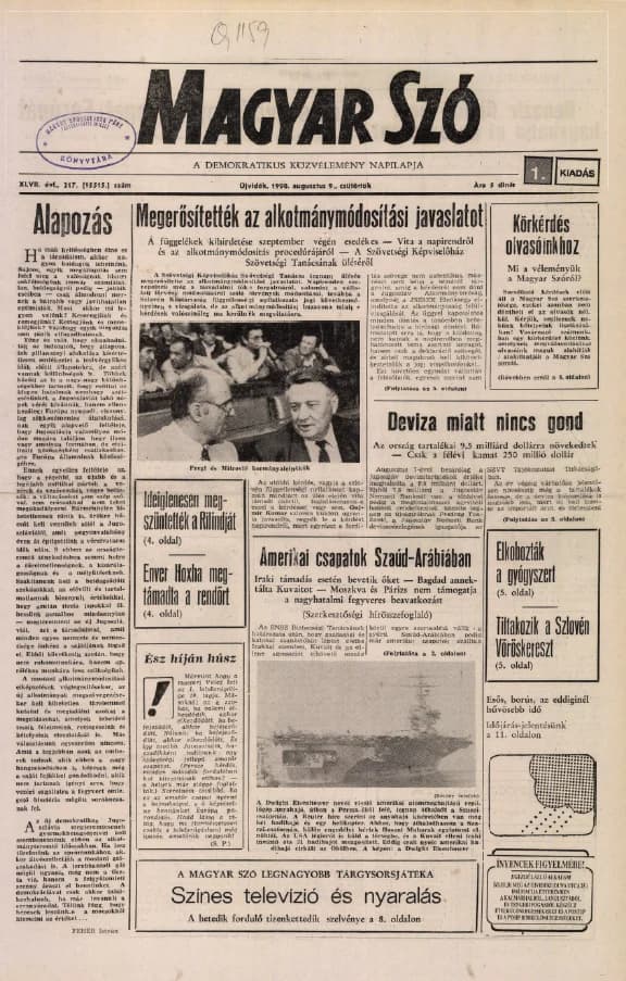 Magyar Szó, 47. évf. 1990. augusztus 9. 217. sz. 1–16. oldal