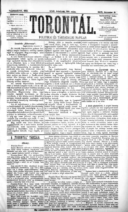 Torontál, 22. évf. 1893. december 18. 289. sz.