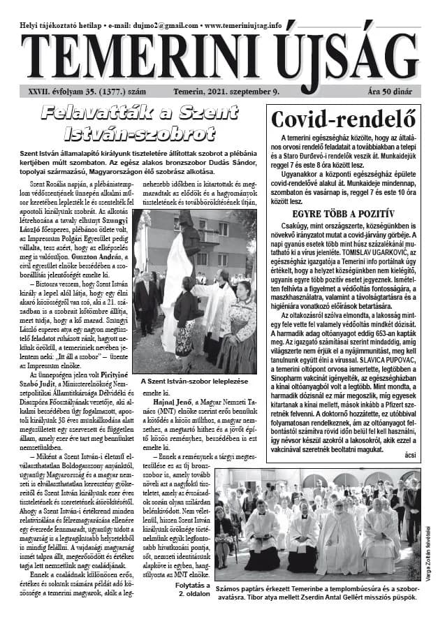 Temerini Újság, 27. évf. 2021. szeptember 9. 35. sz.