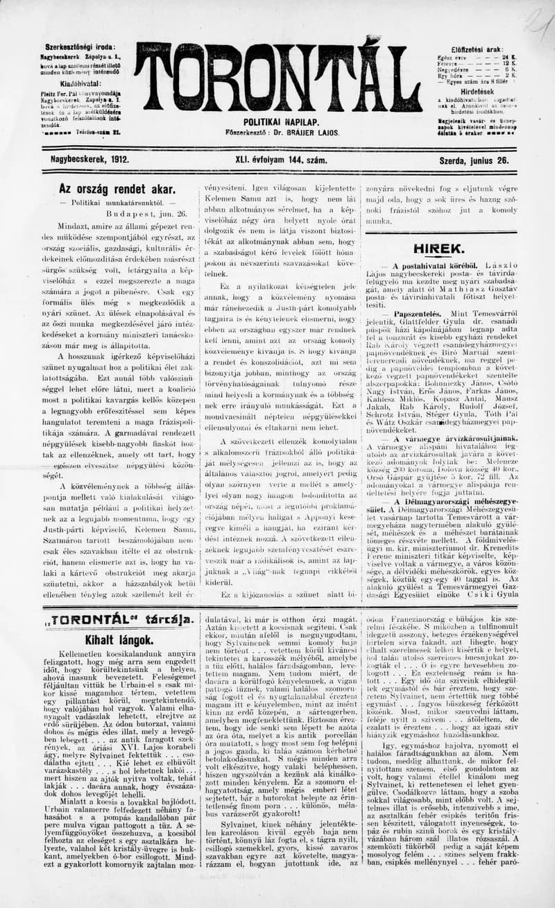 Torontál, 41. évf. 1912. június 26. 144. sz.