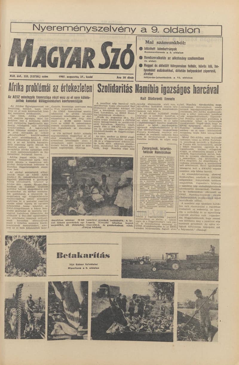 Magyar Szó, 42. évf. 1985. augusztus 27. 235. sz. 1–20. oldal